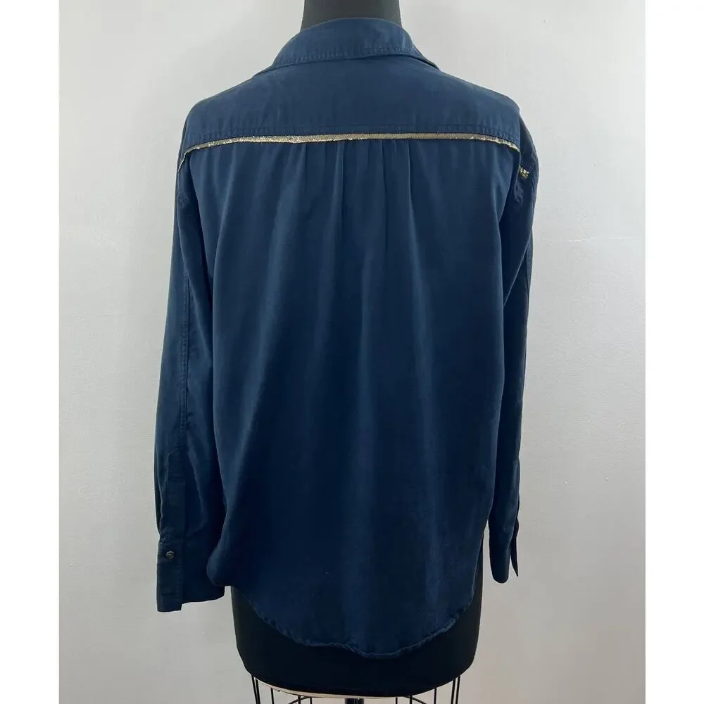 Free People Blue Long Sleeve Off Campus Button Down Tencel Collared Top Size XS